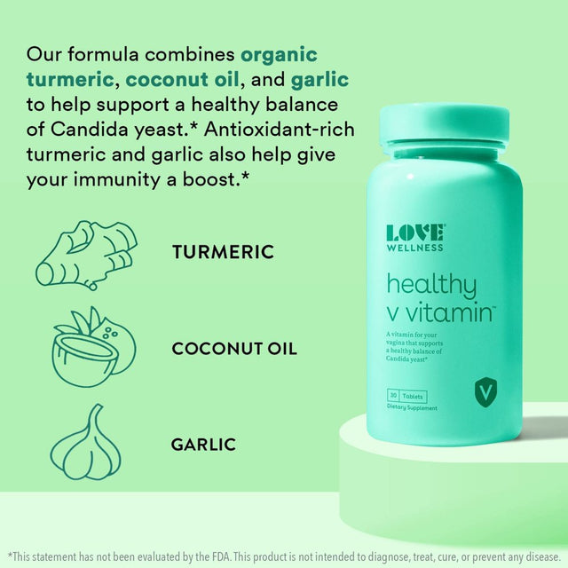 Love Wellness, Healthy V Vitamin, 30 Tablets - Supports Immunity, Vaginal Health & Gut Health, Maintains Ph, Coconut Oil, Grapefruit, Folic Acid & Turmeric Provide Healthy Candida Cleanse