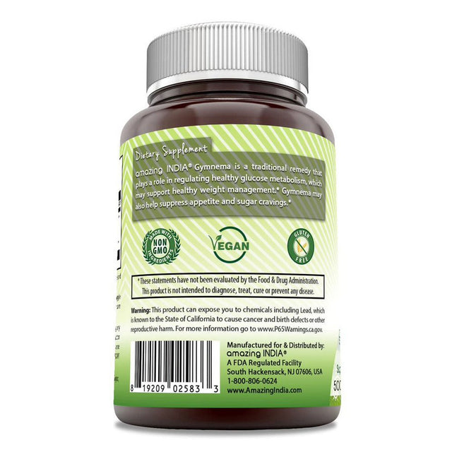 Amazing India Gymnema Natural Dietary Supplement 500Mg 120 Veggie Capsules -Non-Gmo, Gluten Free - Supports Healthy Glucose Metabolism - Suppresses Appetite - Promotes Pancreatic Health