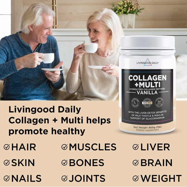 Livingood Daily Collagen + Multi - Vanilla Hydrolyzed Collagen Peptides Powder W/ Multivitamin, 30 Servings