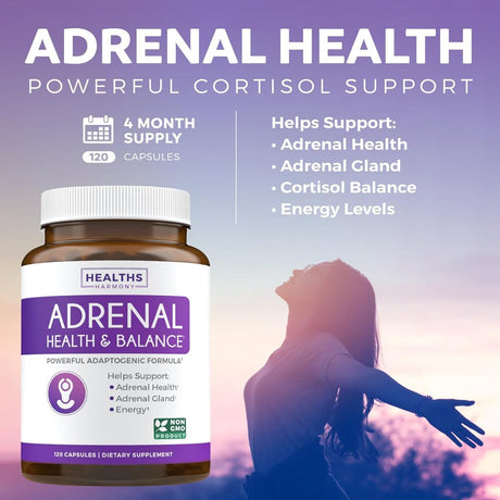 Healths Harmony Adrenal Support & Cortisol Manager (Non-Gmo) Adrenal Health with L-Tyrosine & Ashwagandha - Maintain Balanced Cortisol Levels & Stress Relief - Fatigue Supplement - 120 Capsules