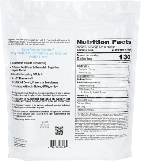 Lake Avenue Whey Protein + Probiotics, Vanilla Flavor, 5 Lb (2.27 Kg), Nutrition