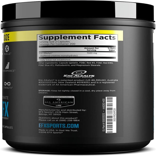 EFX Kre-Alkalyn , PH Correct Creatine Monohydrate , Patented Formula, Gain Strength, Build Muscle & Enhance Performance - 400 Capsules / 200 Servings