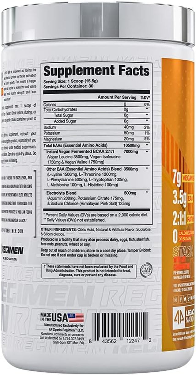 EAA + Hydro by AP Sports Regimen | Vegan Fermented BCAA & EAA Amino Acid Powder for Men & Women | 10.5 Grams Total Aminos | Recovery + Electrolytes Hydration | 30 Serv (Orange You Mango)