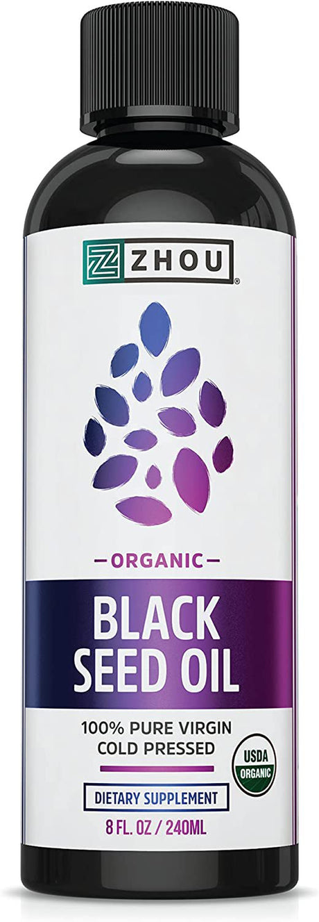 Zhou Organic Black Seed Oil | 100% Virgin Cold Pressed Omega 3 6 9 | Super Antioxidant for Immune Support, Joints, Digestion, Hair & Skin | Vegan, Gluten-Free, Non-Gmo | 8Oz