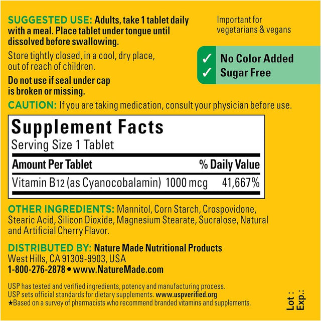 Nature Made Sublingual Vitamin B12 1000 Mcg, Dietary Supplement for Energy Metabolism Support, 150 Micro-Lozenges, 150 Day Supply 150 Count (Pack of 1)