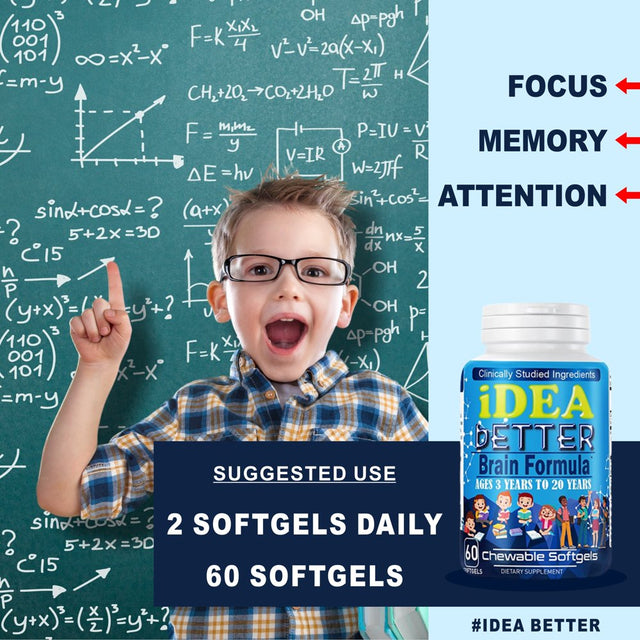 Idea Better Brain Focus Booster for Kids, Chewable Kids Vitamin, Multivitamin for Kids, Memory, Supports Focus, Clarity, Concentration, 60 Chewable Softgels by Celebrity Lifestyle