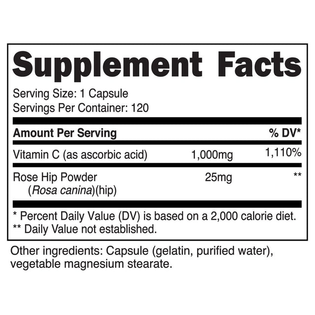 Cellusyn Labs Vitamin C + Rose Hips Capsules 120 Servings (1000Mg of Vitamin C, 25Mg of Rose Hip)