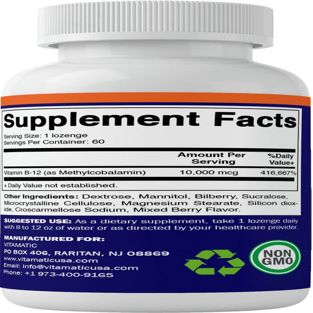 Vitamatic Methyl B12 (Methylcobalamin) 10,000 Mcg 60 Lozenges - Superior Source of Vitamin B12