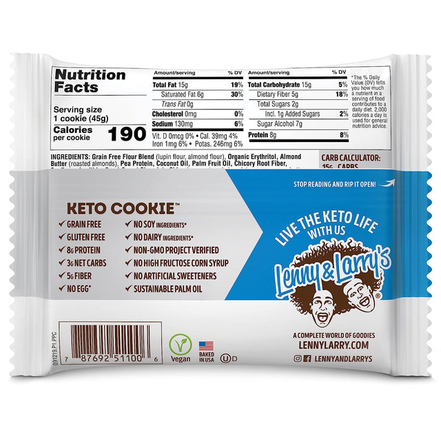 Lenny & Larry'S Keto Cookie, Chocolate Chip, Soft Baked, 9G Plant Protein, 3G Net Carbs, Vegan, Non-Gmo, 1.6 Ounce Cookie (Pack of 12) Packaging May Vary