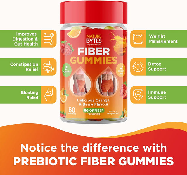 Prebiotic Fiber Gummies for Adults and Kids [15G Inulin Fiber from Chicory Root] for Digestive Health, Bloating, Constipation Relief │Natural Flavoured Berry & Orange Gummy Supplement