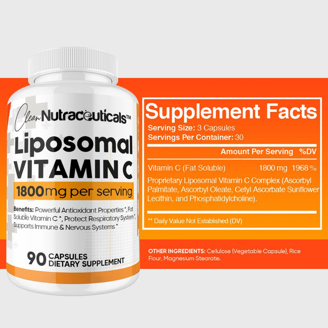 Liposomal Vitamin C Capsules 1800Mg High Absorption VIT C, Immune System & Collagen Booster, Fat Soluble Immunity Support Ascorbic Acid Supplement, 270 Natural Vegan Capsules