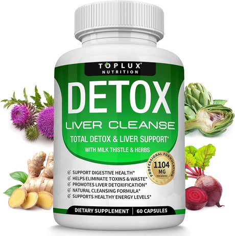 Detox Cleanse Liver Support & Repair Formula - Liver Cleanser Natural 5 Day Detox, Support Digestion System, Flush Toxins & Urinary Tract, Milk Thistle Extract 25+ Herbs, 60 Capsules, Toplux Nutrition