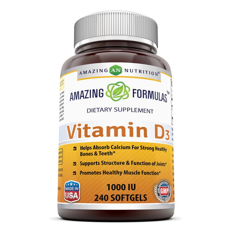 Amazing Nutrition Amazing Formulas Vitamin D3- 1,000 IU, 240 Softgels- Important Vitamin for Optimal Body Function- Supports Bone Health, Cardiovascular Health, Kidney Function and Over-All Well-Being