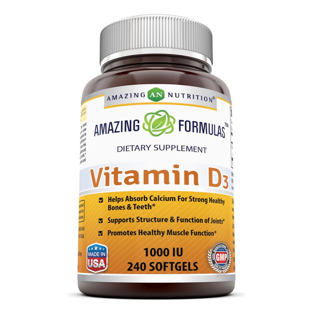 Amazing Nutrition Amazing Formulas Vitamin D3- 1,000 IU, 240 Softgels- Important Vitamin for Optimal Body Function- Supports Bone Health, Cardiovascular Health, Kidney Function and Over-All Well-Being