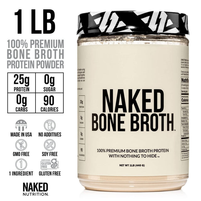 Naked Bone Broth – Beef Bone Broth Protein Powder – 20G Protein, Only 1 Ingredient – Gut Health and Joint Supplement – Unflavored – No GMO, Gluten, or Soy – 1 Pound