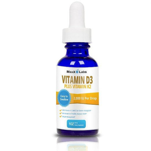 Vitamin D3 Liquid Drops with Vitamin K2 MK-7 ★ New ★ Full 2,000 IU per Drop - Vitamin