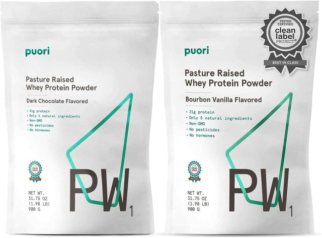 Puori Whey Protein Powder Bundle - Dark Chocolate and Bourbon Vanilla - PW1 Pasture-Raised Grass-Fed Non-Gmo - 100% Natural and Pure for Muscle Growth - 21G Protein