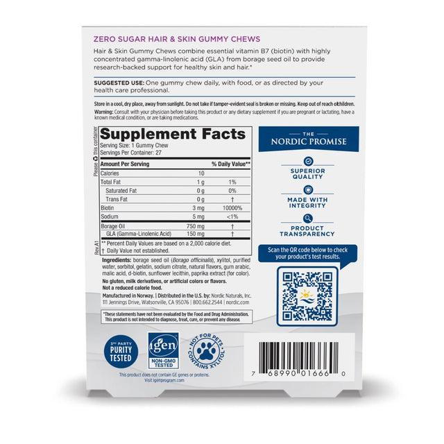 Nordic Naturals Zero Sugar Hair & Skin Gummy Chews, Strawberry Lemonade - 27 Gummy Chews