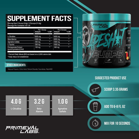 Primeval Labs Ape Pumps Natural Pre Workout Powder | Caffeine Free Preworkout for Endurance, Muscle Growth, Strength & Hydration Beta Alanine, L Citrulline, Agmatine | Cherry Lemonade 40 Servings