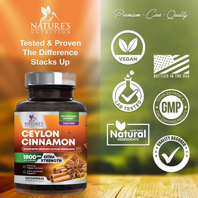 Pure Cinnamon Capsules, Certified Organic Ceylon Cinnamon Pills, Non-Gmo, Gluten-Free, Dairy-Free, Sri Lanka Cinnamon Powder Supplement, Best Vegan True Cinnamomum Vitamins, Sugar Free - 240 Capsules