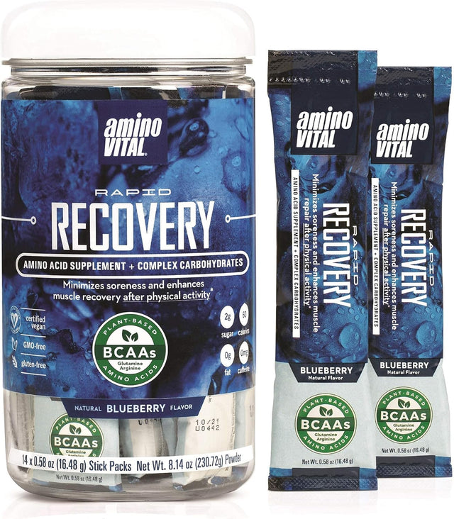 Amino Vital Action & Rapid Recovery- BCAA Amino Acids Pre and Post Workout Packets | No Caffeine, Vegan, Gluten Free | 14 Single Serve Stick Pack | Grape and Blueberry Flavor