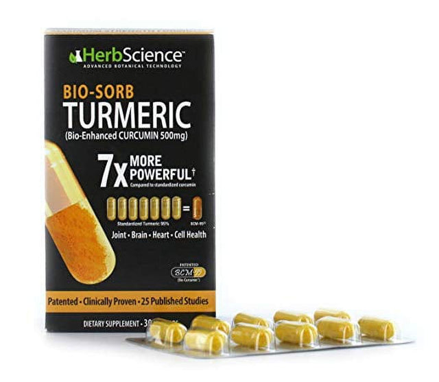 Herbscience Bio-Sorb Turmeric, Bio-Enhanced Curcumin, Advanced Absorption, Cardiovascular Health, Joints Support and Anti-Aging Supplement, 30 Servings