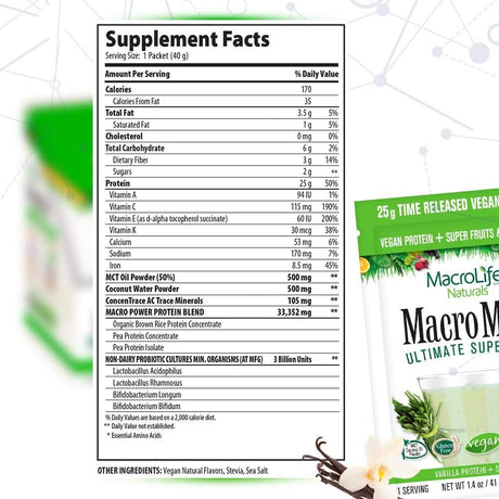 Macrolife Naturals Macromeal Vegan Vanilla Superfood Supplement Powder Protein + Greens, Probiotics, Digestive Enzymes, Fiber - Energy, Detox, Immune - Non-Gmo, Gluten-Free- 10 Packet Servings