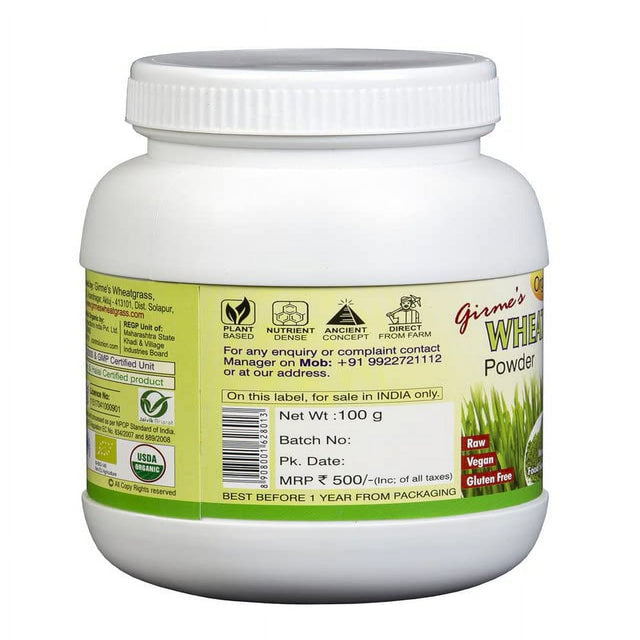 Girme'S Wheatgrass Powder 100G Bottle - (Pack of 4) | India Organic - Jaivik Bharat Certified | Natural Health Supplement | Immunity Booster, Detox | Export Quality