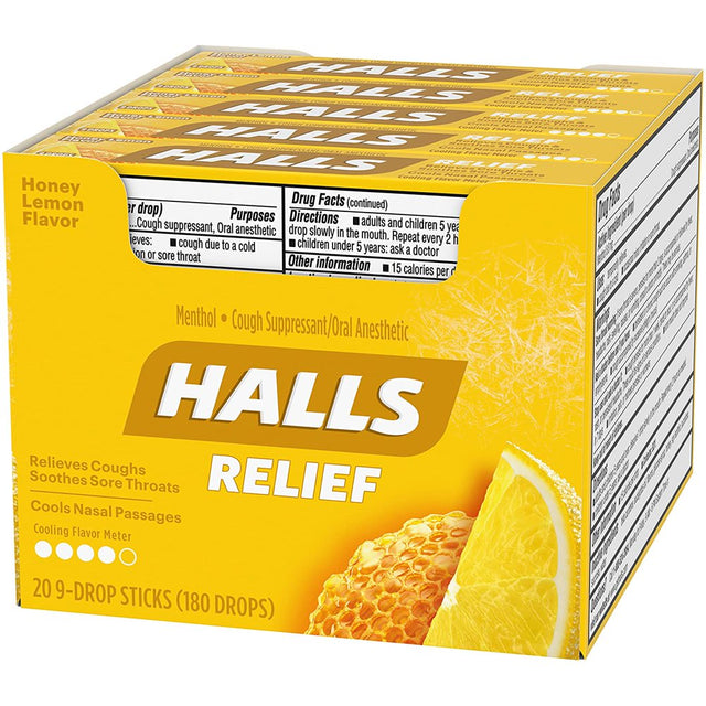 HALLS Relief Honey Lemon Cough Drops,20 Packs of 9 Drops (180 Total Drops)