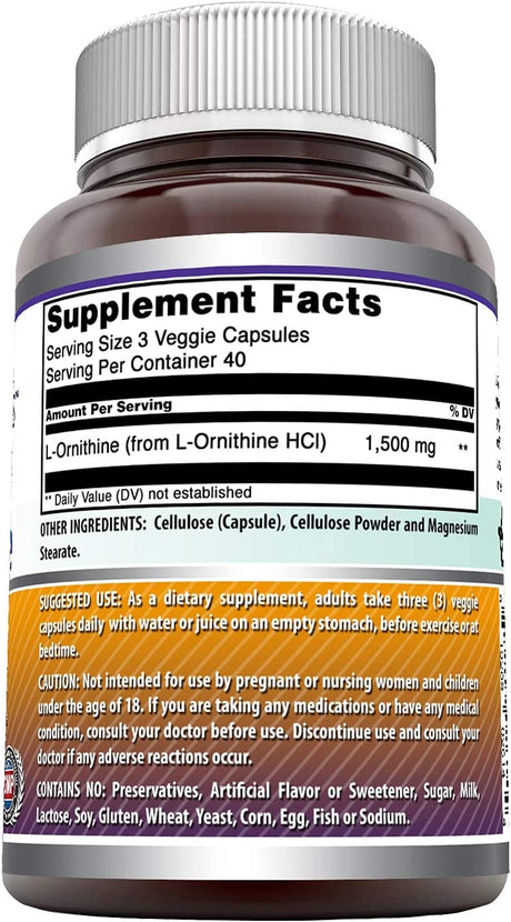 Amazing Formulas L-Ornithine 1500 Mg per Serving Veggie Capsules Supplement | Non-Gmo | Gluten Free | Made in USA (120 Count)