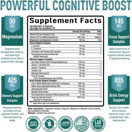 Premium Brain Supplement - Nootropic Brain Booster for Focus, Clarity, Improved Memory, Concentration & Better Mood - Brain Pills W/ Alpha-Gpc, Lion?S Mane, Ginkgo Biloba & Bacopa