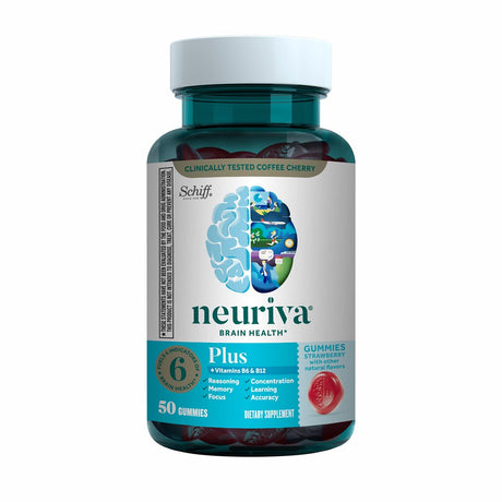 NEURIVA plus Brain Supplement for Memory, Focus & Concentration + Cognative Function with Vitamins B6 & B12 and Clinically Tested Nootropics Phosphatidylserine and Neurofactor, 50Ct Strawberry Gummies