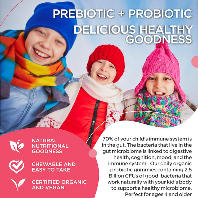 Kids Probiotic Gummies, Strawberry Flavor, Children'S Organic Probiotics, 2.5 Billion CFU, Digestive Health, Immune Support, Vegan, Gluten & Gelatin Free, 30 Gummies - Ruwaa Nutrition Yummy Gut Happy