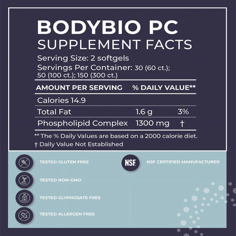 Bodybio PC Brain Supplement 100 Phosphatidylcholine Softgels