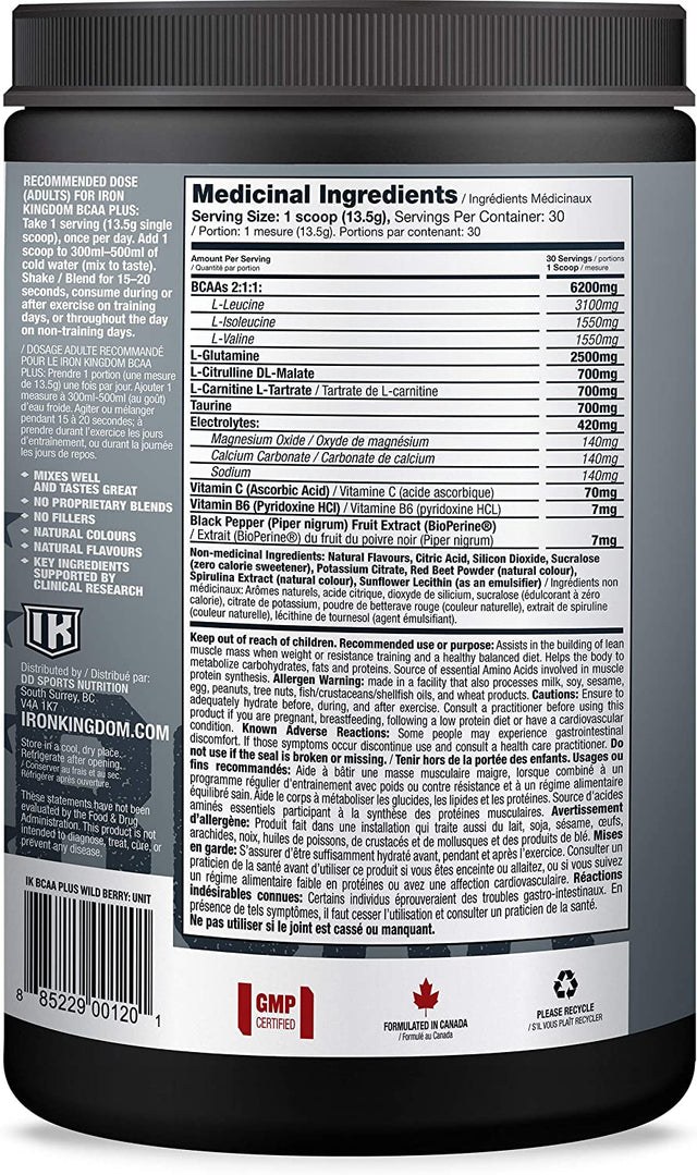 BCAA plus - Iron Kingdom (Wild Berry) 10.1G Amino Acids, Electrolytes, Glutamine, Endurance, Recovery, Hydration