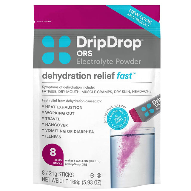 Dripdrop ORS - BIG Sticks - Patented Electrolyte Powder for Dehydration Relief Fast - for Workout, Sweating, Heat, & Travel Recovery - Berry - 8 X 16Oz Servings