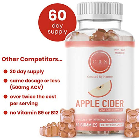 Curated by Nature Apple Cider Vinegar Gummies Extra Strength 500Mg 60 Day Supply – Unfiltered Apple Cider Vinegar with the Mother – Packed with Vitamins B12 and B9 – Organic Immune Support Supplement