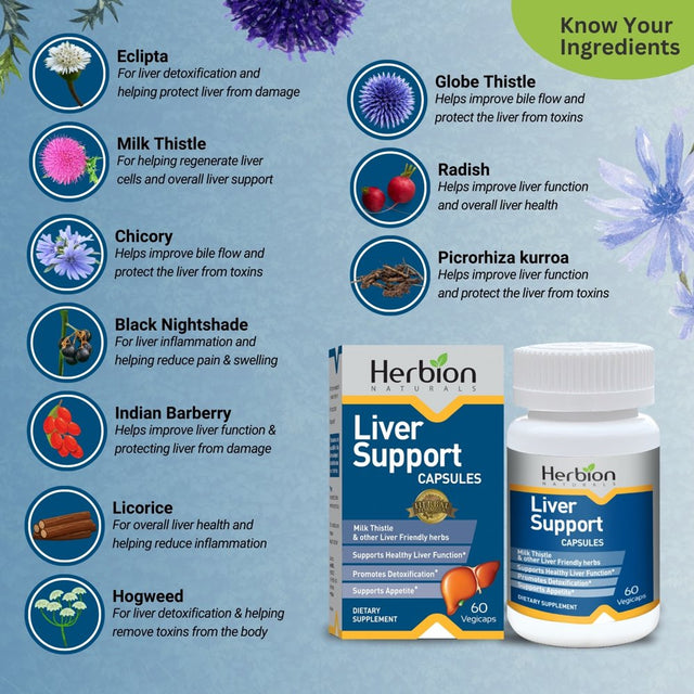 Herbion Naturals Liver Support Herbal Blend with Milk Thistle, Supports Healthy Liver Function, Promotes Detoxification, Supports Appetite, 60 Vegicaps