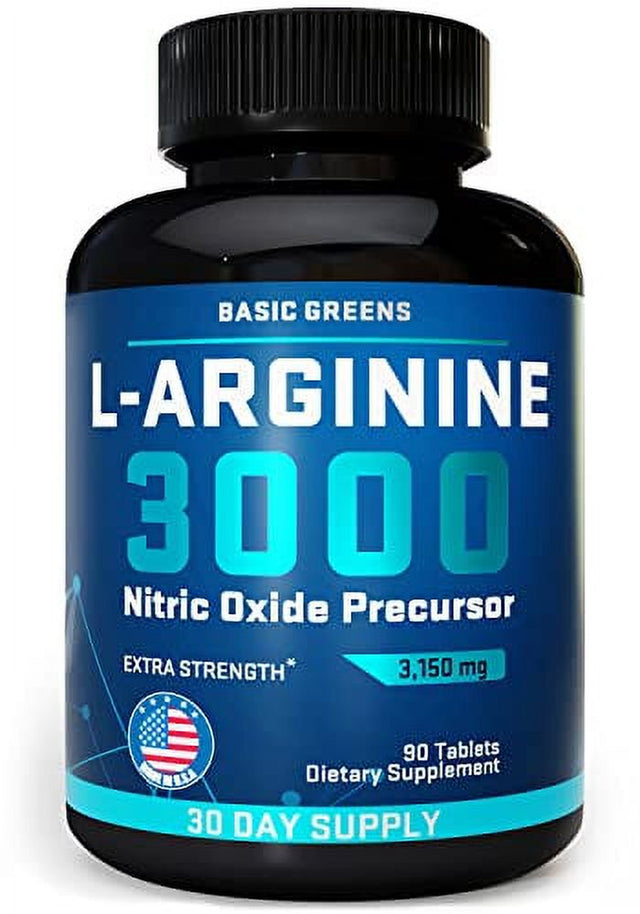 BASIC GREENS L Arginine 3,150Mg (90 Tablets) L-Arginine Supplement for Men and Women with Nitric Oxide Precursor | L Arginine Supplement Pills for Men, Sport, Workout, Made in the USA