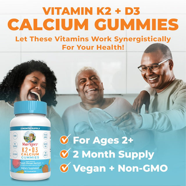 Maryruth'S Vitamin K2 + D3 Calcium Gummies - Bone Health - Peach, Mango & Apricot (60 Gummies)