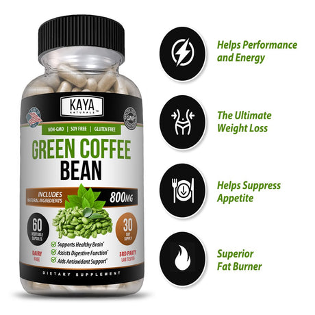 Kaya Naturals Green Coffee Bean 60Ct - Weight Management, Antioxidant, Blood Pressure Support- 800Mg