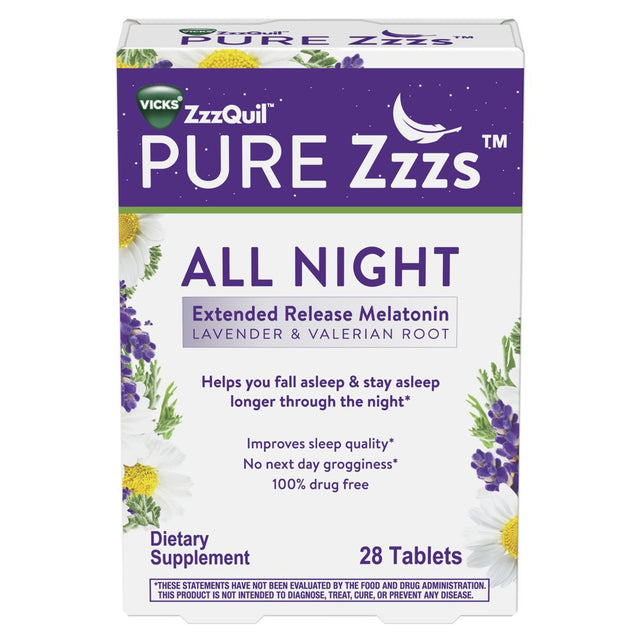 PURE Zzzs All Night Extended Release, Adult Sleep Aid Tablets, 2 Mg Melatonin Tablets, 28 Ct