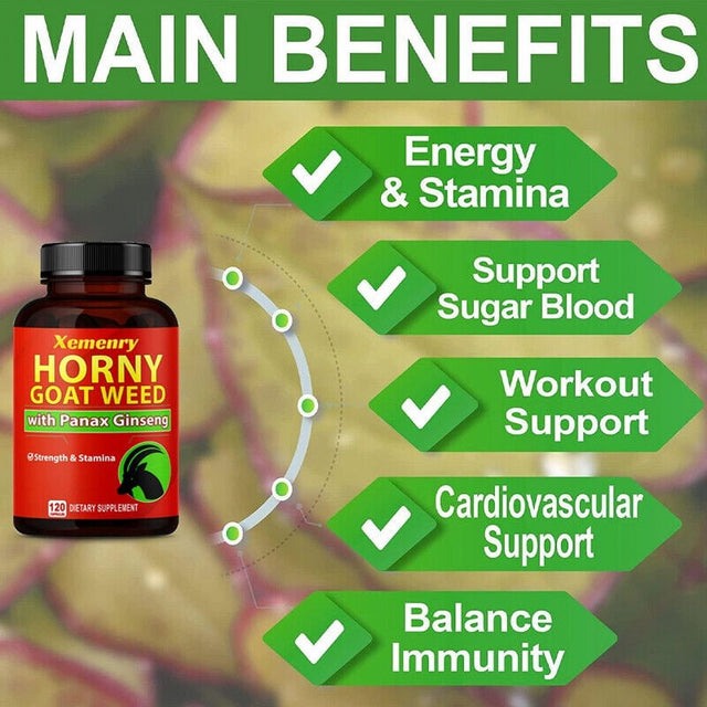 Horny Goat Weed - Testosterone Booster, Energy & Endurance - with Ginseng, Maca 120 Capsules