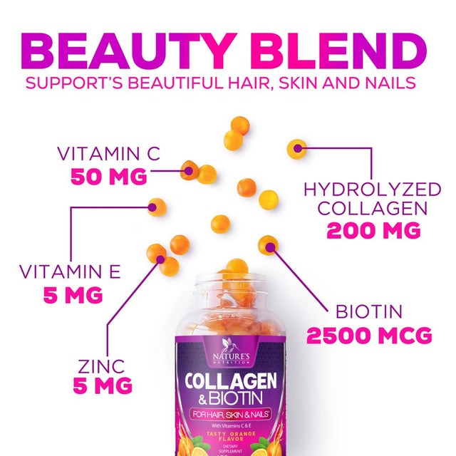 Collagen & Biotin Hair Vitamin Gummies - Extra Strength for Healthy Hair, Skin & Nails Growth Support - Collagen Peptides Gummy Supplement with Vitamins C & E - Orange Flavored, Non-Gmo - 60 Count