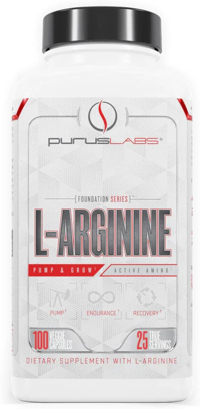 Purus Labs L-Arginine Active Amino Acid | Endurance, Pumps, & Muscle Growth | Nitric Oxide for Increased Blood Flow | 25 Servings, 100 Veggie Capsules