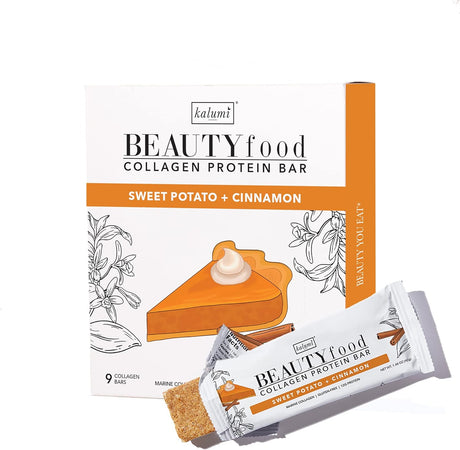 Kalumi Beautyfood Collagen Protein Bars | Sweet Potato Cinnamon, 9-Count Box | 8000Mg Collagen, 12G Premium Protein | Gluten-Free Protein Bars, MCT Brain Boost