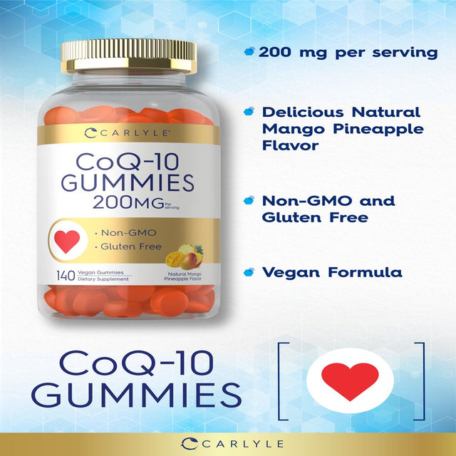 Coq10 Gummies 200 Mg | 140 Count | Natural Mango Pineapple Flavor | Vegan Formula | by Carlyle