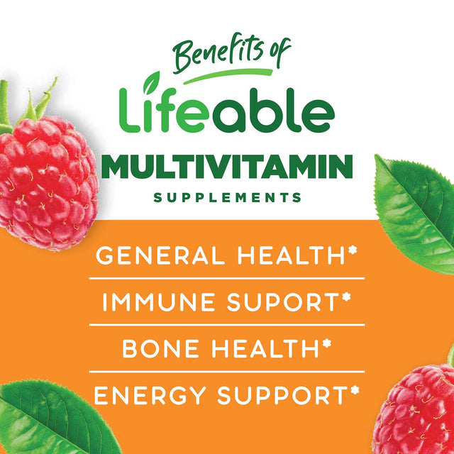 Lifeable Sugar Free Multivitamin Supplement, with Vitamin A, B6, B12, Biotin, C, D3, E, Fiber, Folate, Niacin, Zinc, 90 Gummies