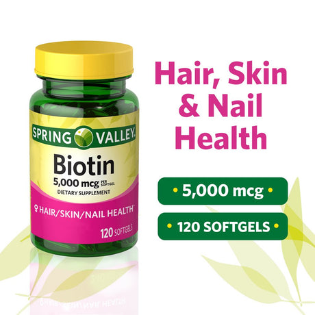 Spring Valley Biotin Hair/Skin/Nails Health Dietary Supplement Softgels, 5,000 Mcg, 120 Count