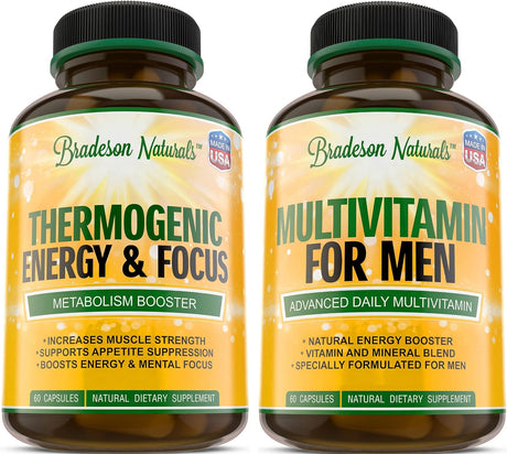 Men'S Multivitamin + Thermogenic Energy & Focus, 2 Bottles Bundle. Improves Cardiovascular & Prostate Health. Antioxidant & Natural Energizer + 2 Months Supply Thermogenic with Green Tea Extract Raspb